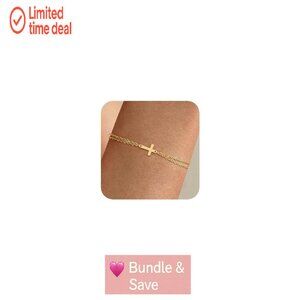 14K Gold Plated Cross Bracelet with Pearl Beads, Adjustable 9 Inch